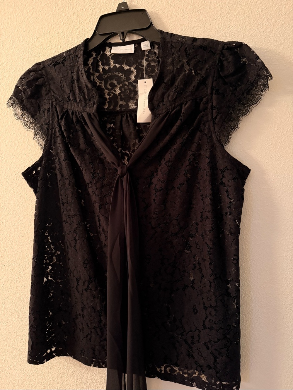 New York & Company Black Lace Tie-Front Blouse